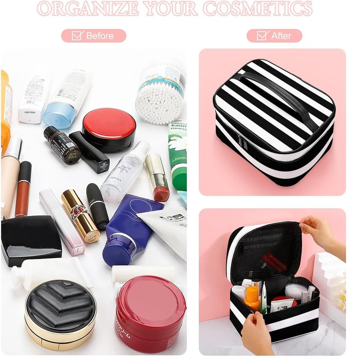 Portable Makeup Bag Travel Cosmetic Case, Classic Stripes Black and White Zipper Pouch Cosmetic Bag with Handle Toiletry Bag for Women Girls