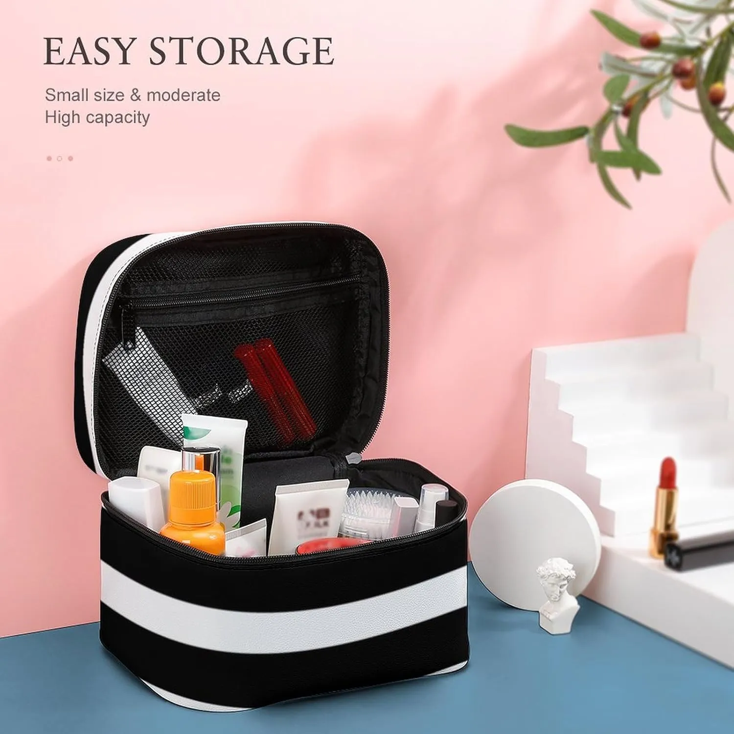 Portable Makeup Bag Travel Cosmetic Case, Classic Stripes Black and White Zipper Pouch Cosmetic Bag with Handle Toiletry Bag for Women Girls