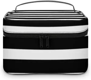 Portable Makeup Bag Travel Cosmetic Case, Classic Stripes Black and White Zipper Pouch Cosmetic Bag with Handle Toiletry Bag for Women Girls