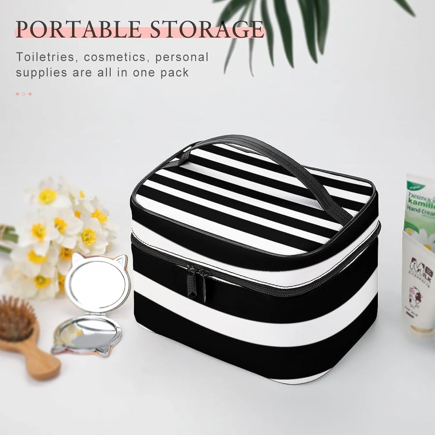 Portable Makeup Bag Travel Cosmetic Case, Classic Stripes Black and White Zipper Pouch Cosmetic Bag with Handle Toiletry Bag for Women Girls