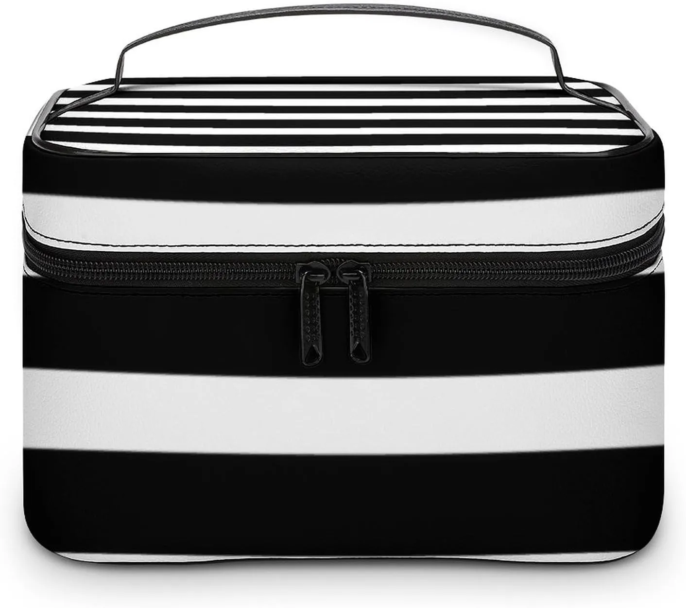 Portable Makeup Bag Travel Cosmetic Case, Classic Stripes Black and White Zipper Pouch Cosmetic Bag with Handle Toiletry Bag for Women Girls