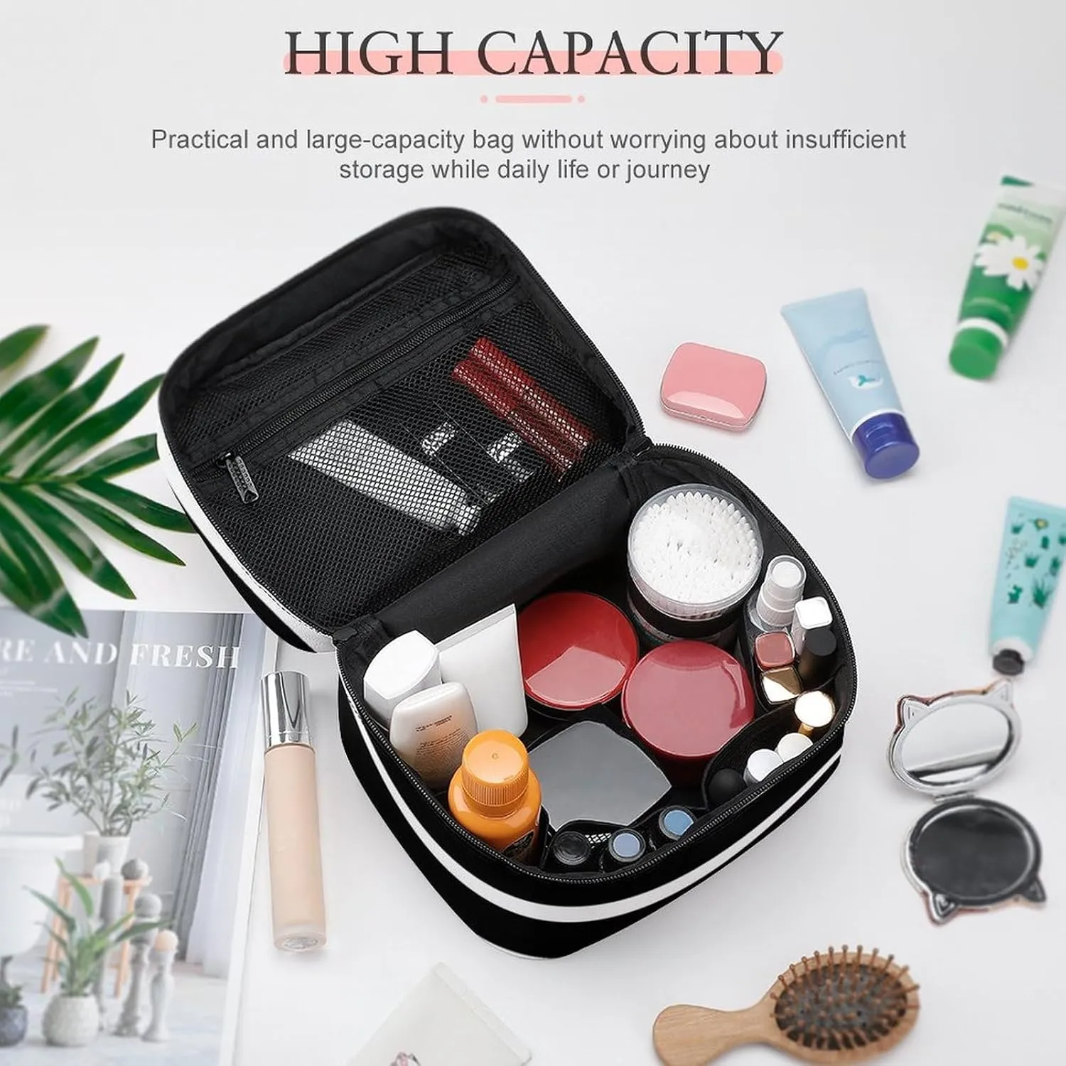 Portable Makeup Bag Travel Cosmetic Case, Classic Stripes Black and White Zipper Pouch Cosmetic Bag with Handle Toiletry Bag for Women Girls