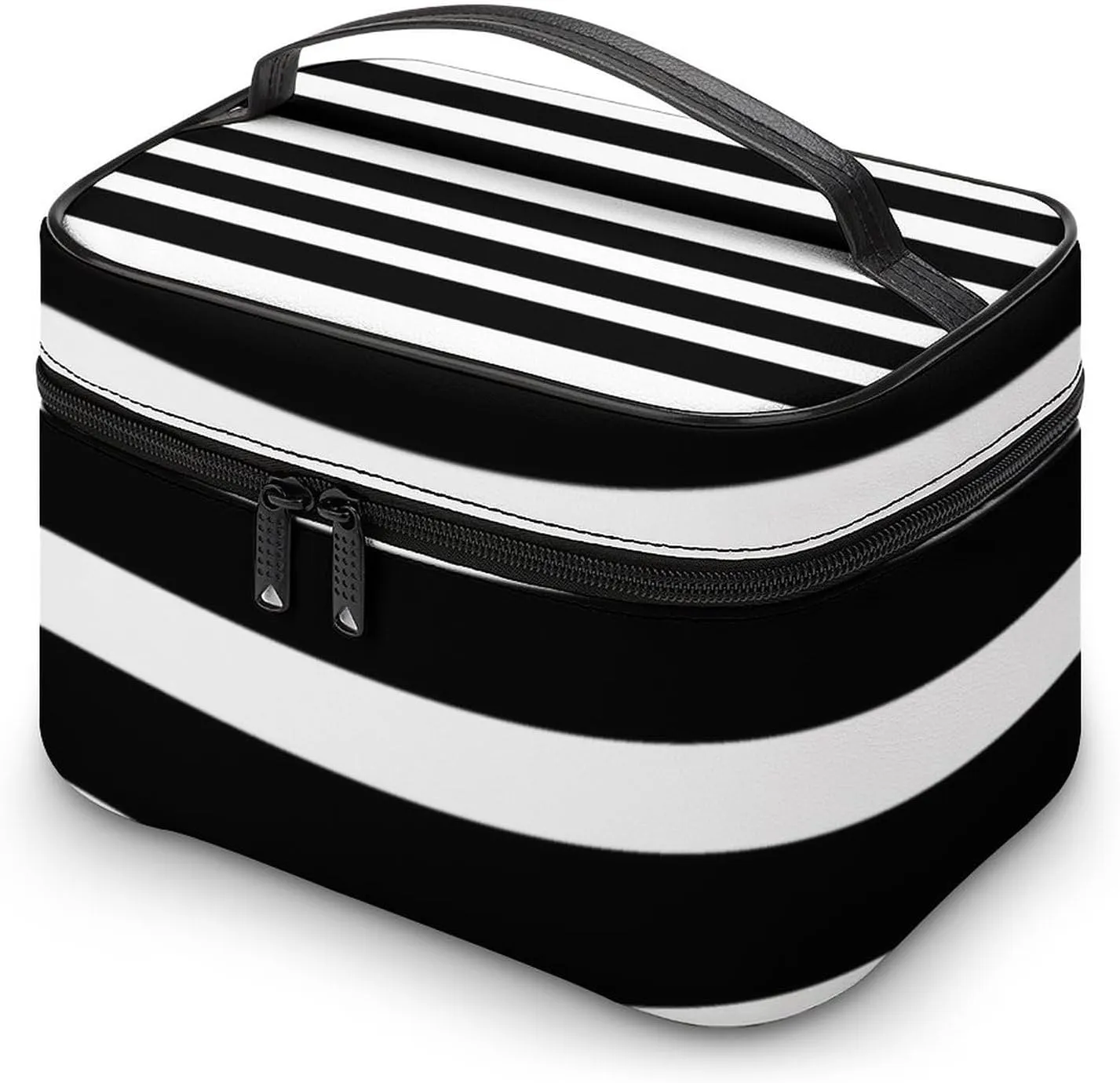 Portable Makeup Bag Travel Cosmetic Case, Classic Stripes Black and White Zipper Pouch Cosmetic Bag with Handle Toiletry Bag for Women Girls