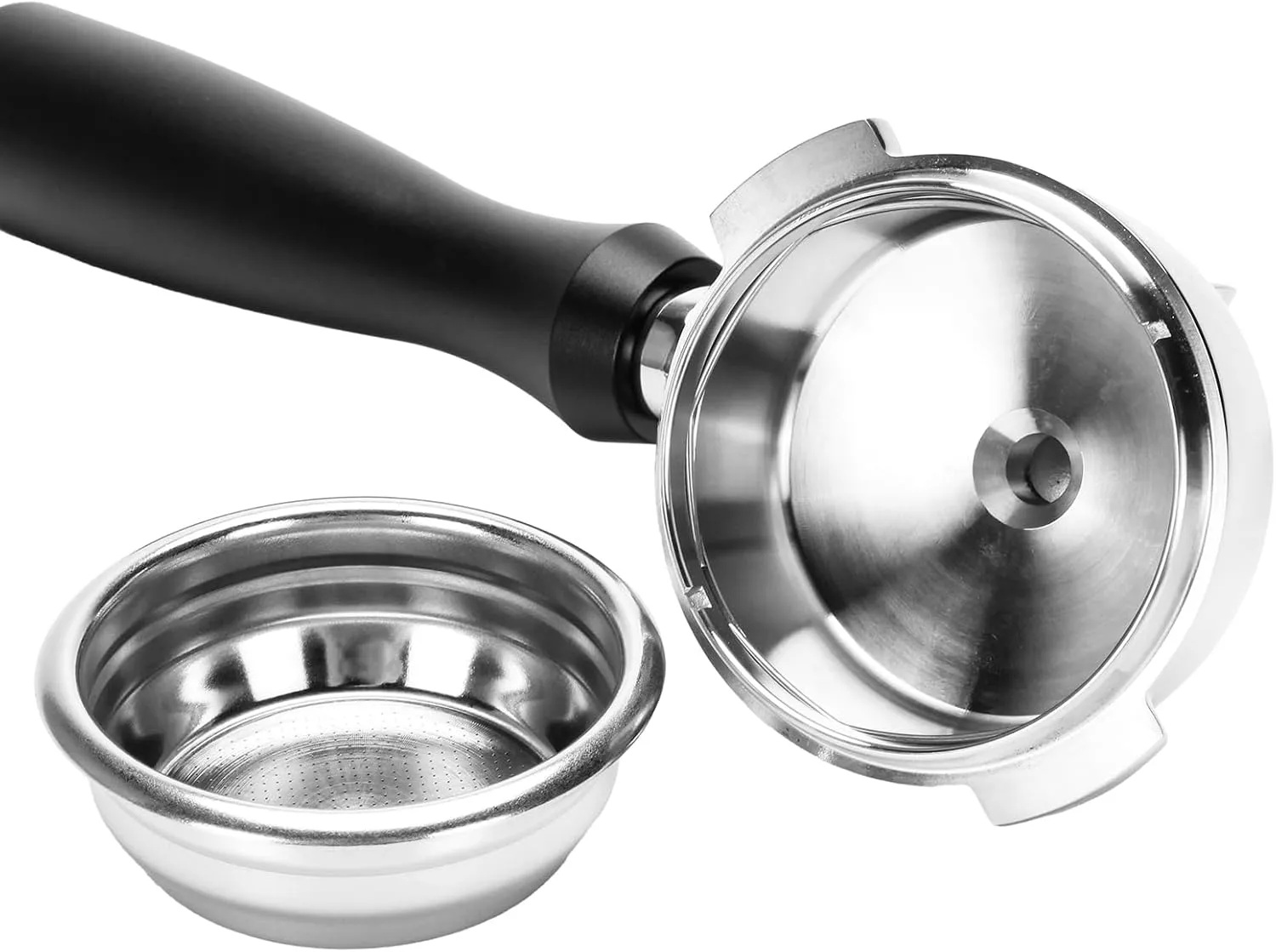 Portafilter Single Spout 58mm 2 Ears Compatible with Nuova Simonelli, Come with 304 Stainless Steel Filter Basket and Puck Screen, Anodized Aluminum Handle, Black