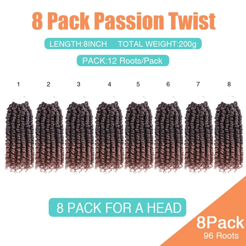 Pre-twisted Passion Twist Hair 8 Inch 8 Packs Short Passion Twist Crochet Hair for Black Women, Pre-looped Crochet Passion Twists Synthetic Braiding Hair Extensions(8 Packs,T30#)