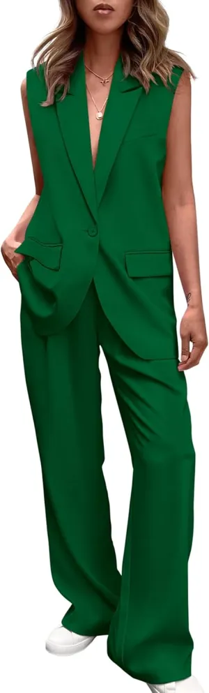 PRETTYGARDEN Women's 2 Piece Outfits Sleeveless Suit Vest and Wide Leg Pants Business Casual Blazer Sets
