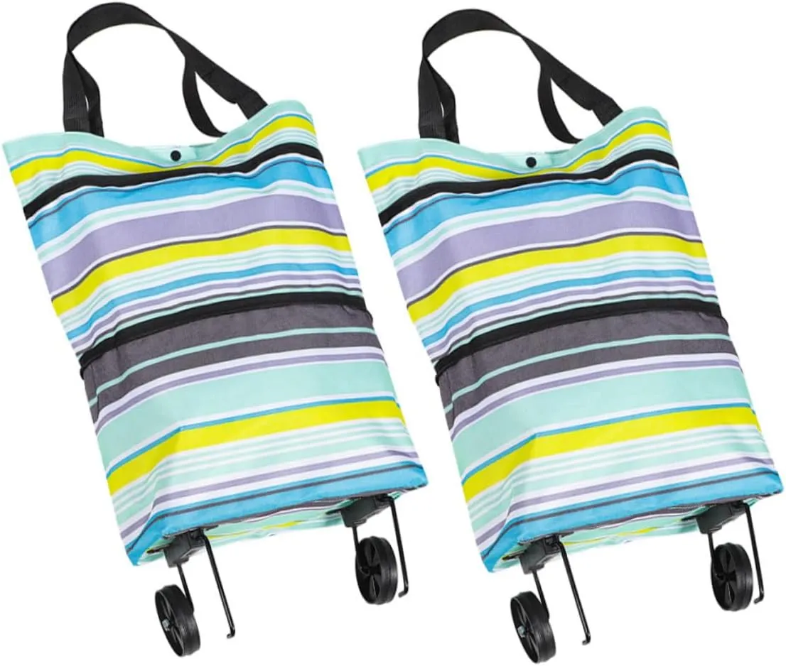 PRETYZOOM 2pcs Folding Shopping Cart with Wheels Portable Grocery Bags for Easy Travel Compact Lightweight Design Convenient for Grocery Shopping Striped Design