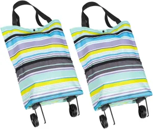 PRETYZOOM 2pcs Folding Shopping Cart with Wheels Portable Grocery Bags for Easy Travel Compact Lightweight Design Convenient for Grocery Shopping Striped Design