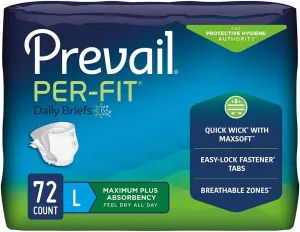 Prevail Per-Fit Incontinence Unisex Briefs with Tabs, Disposable Adult Diaper, Maximum Plus Absorbency, Large, 72 Count (4 Packs of 18)