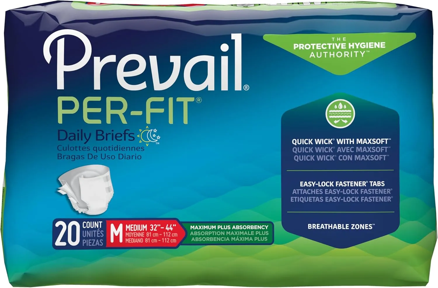 Prevail Per-Fit Incontinence Unisex Briefs with Tabs, Maximum Plus Absorbency, Medium, 80 Count (4 Packs of 20)