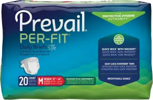Prevail Per-Fit Incontinence Unisex Briefs with Tabs, Maximum Plus Absorbency, Medium, 80 Count (4 Packs of 20)