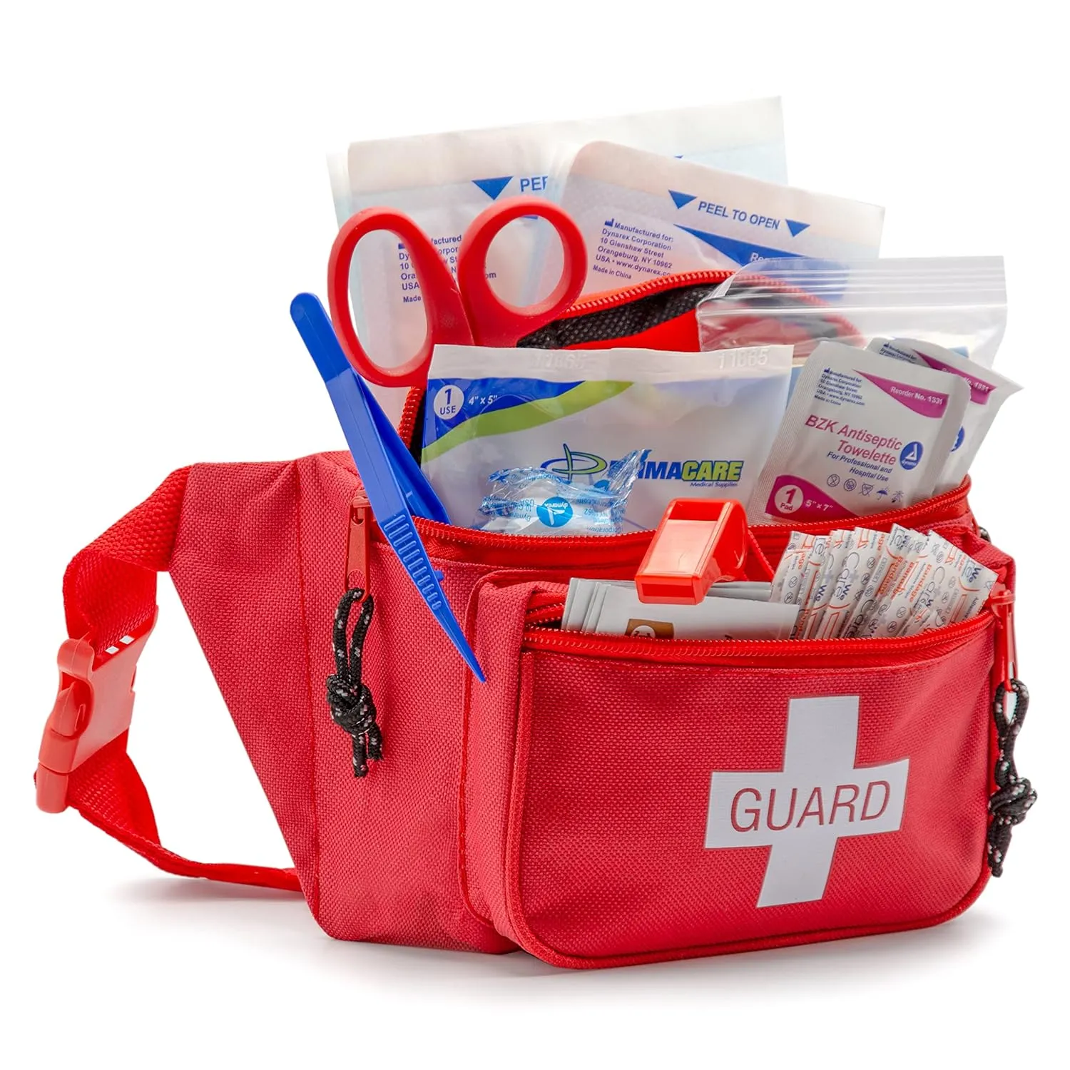 Primacare KB-8005 First Aid Fanny Pack, 8x2x6 Stocked with 75 Pieces Emergency Medical Supplies, Lifeguard Waist Travel Bag with 3 Pockets, Red