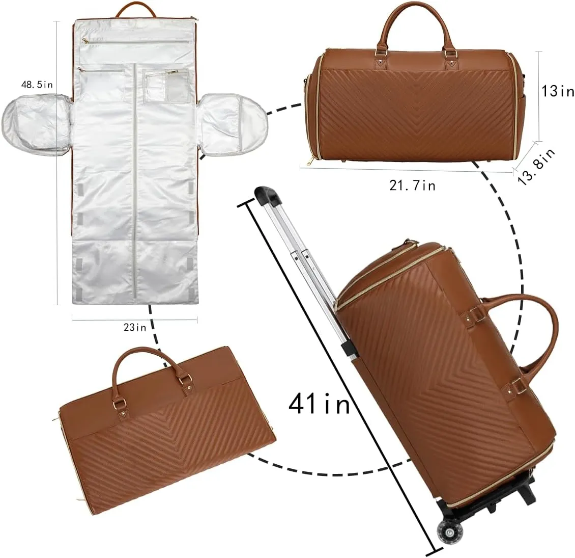 Pro Rolling Garment Bag - Detachable Handle & Extended Base, Waterproof PVC Leather with Shoe/Cosmetic Pockets, Silent Wheels for Air Travel/Weddings (48.5" Hanging System)（Brown）