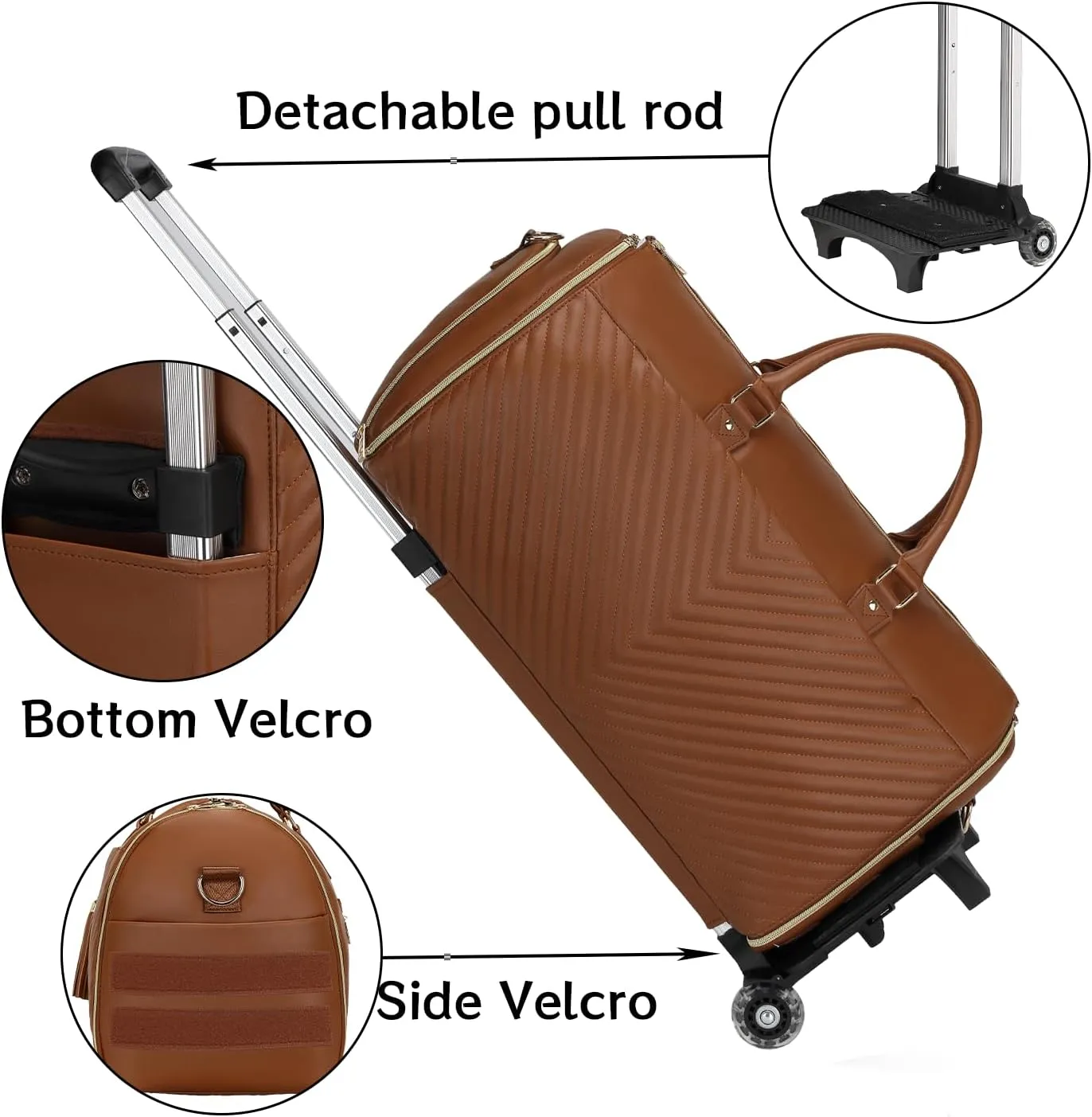 Pro Rolling Garment Bag - Detachable Handle & Extended Base, Waterproof PVC Leather with Shoe/Cosmetic Pockets, Silent Wheels for Air Travel/Weddings (48.5" Hanging System)（Brown）