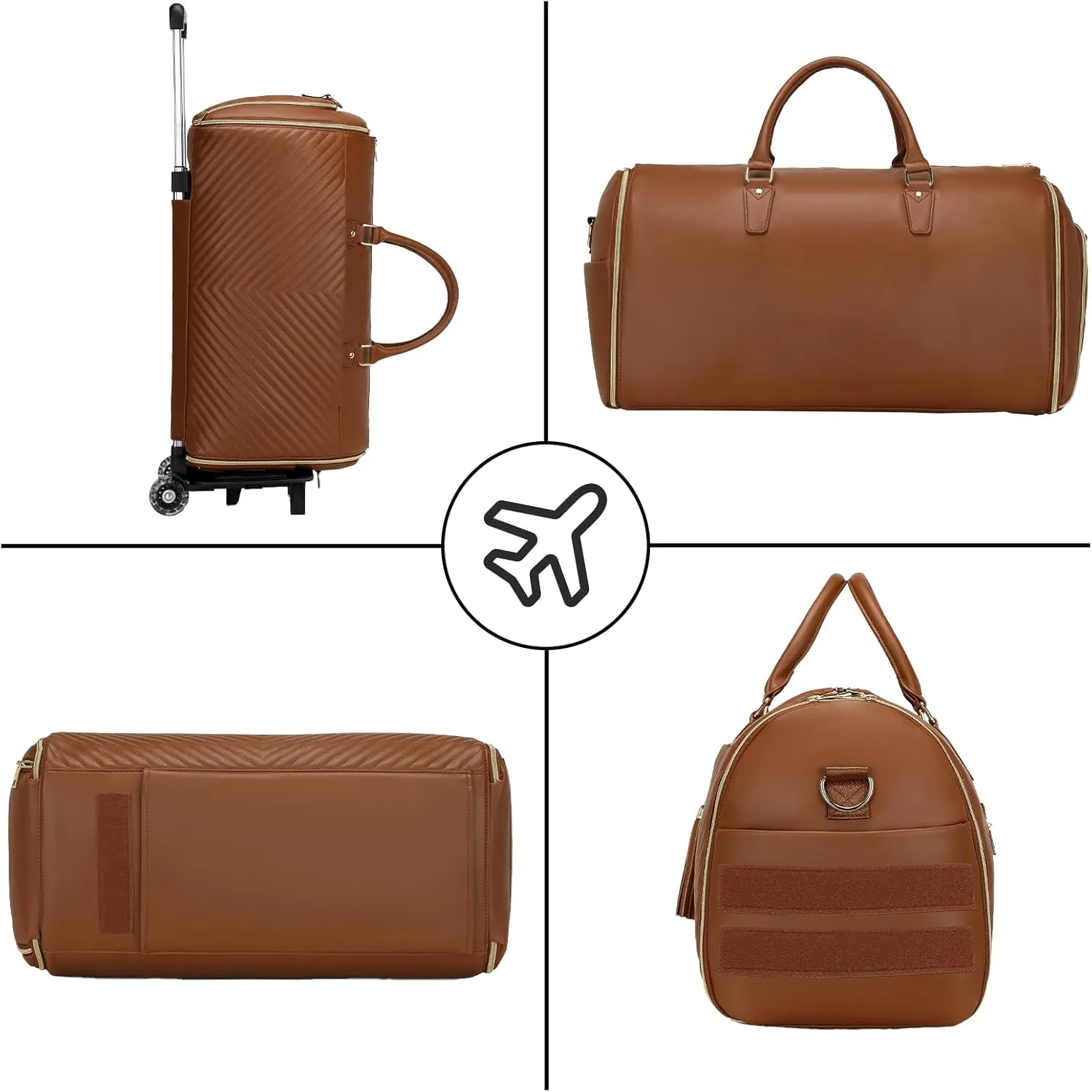 Pro Rolling Garment Bag - Detachable Handle & Extended Base, Waterproof PVC Leather with Shoe/Cosmetic Pockets, Silent Wheels for Air Travel/Weddings (48.5" Hanging System)（Brown）