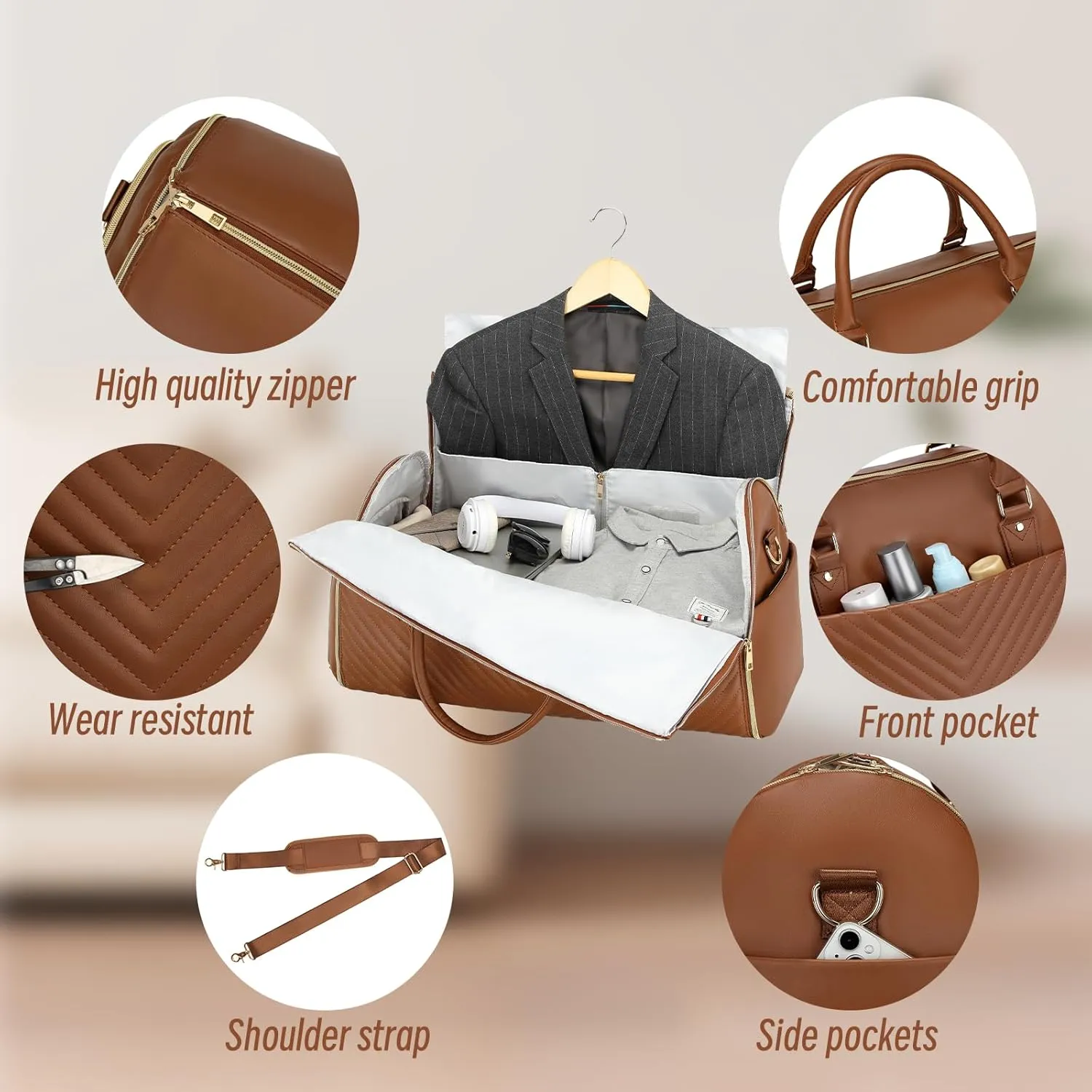 Pro Rolling Garment Bag - Detachable Handle & Extended Base, Waterproof PVC Leather with Shoe/Cosmetic Pockets, Silent Wheels for Air Travel/Weddings (48.5" Hanging System)（Brown）