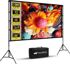 Projector Screen with Stand, Wootfairy 100 inch Foldable and Portable Projection Screen 16:9 4K HD Rear Front Wrinkle-Free Movie Screen with Carry Bag for Indoor Outdoor Home Theater Backyard Cinema
