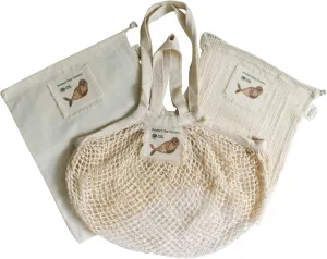 “Protect Our Oceans Organic Cotton Reusable Seal Gift & Starter Set (string produce saver bags, food storage, bulk bin, with tare weight tag and drawstring, waste free)