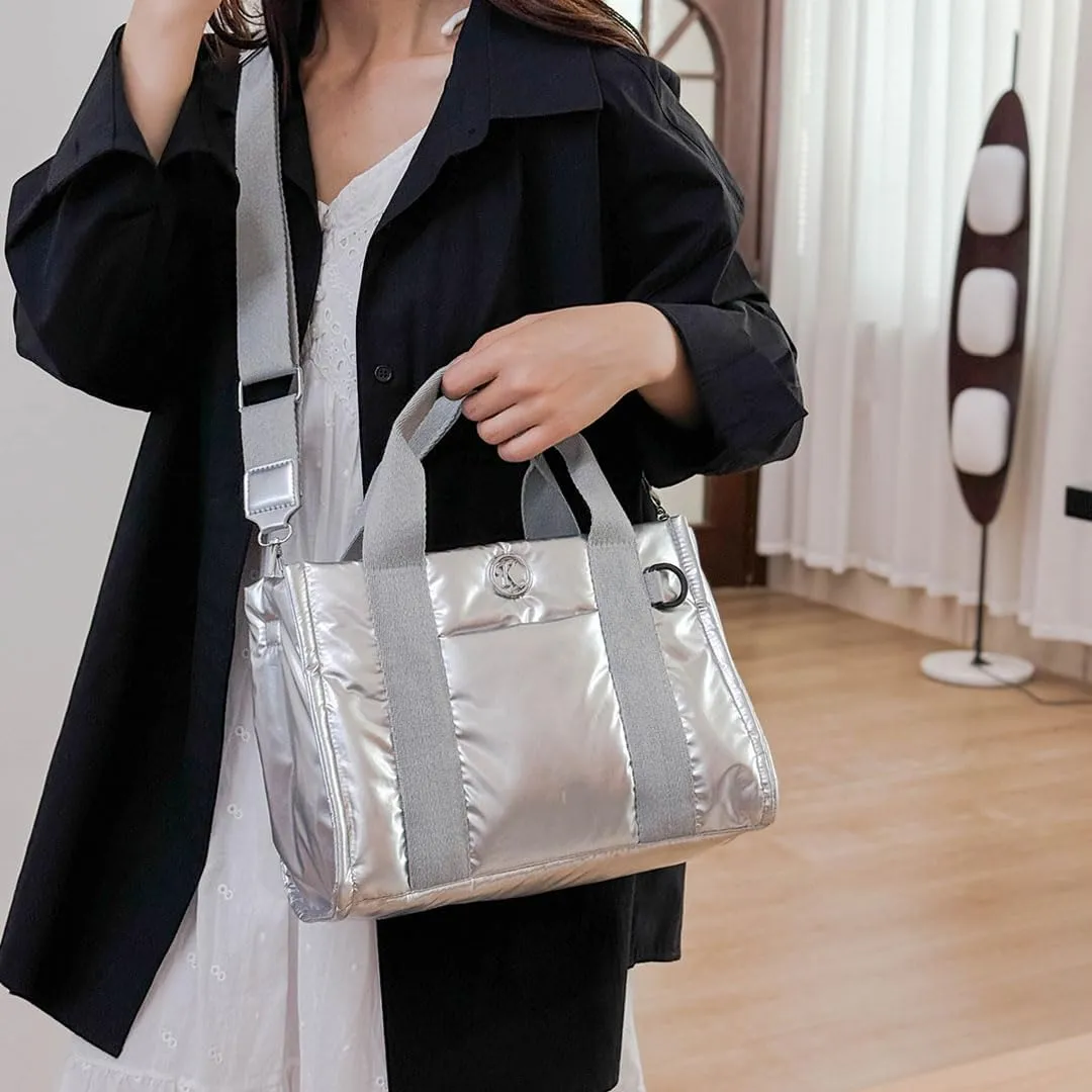 Puffer Tote Bag for Women Quilted Crossbody Bag Puffy Shoulder Handbag Lightweight Trendy Puffer Purse for Work Travel