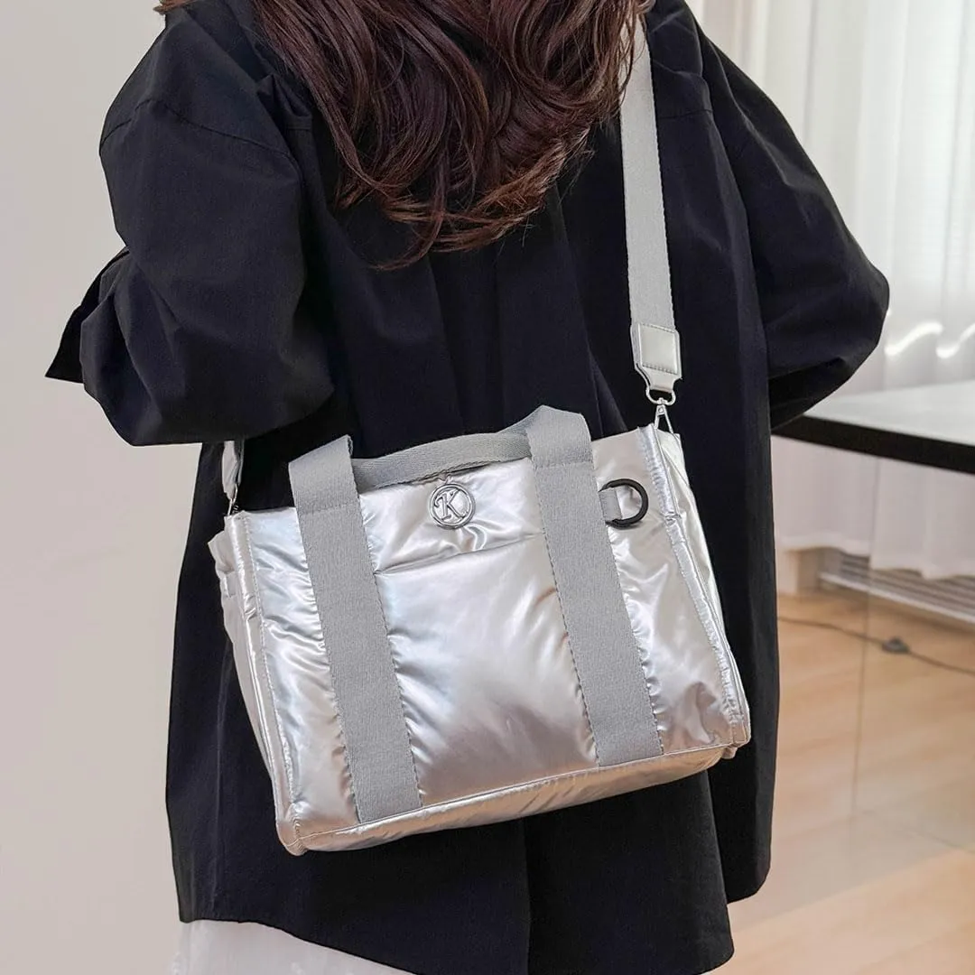 Puffer Tote Bag for Women Quilted Crossbody Bag Puffy Shoulder Handbag Lightweight Trendy Puffer Purse for Work Travel