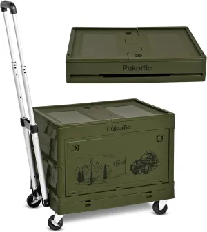 Pukomc Folding Utility Cart Portable Rolling Crate Handcart Shopping Trolley Collapsible Tool Box, with Lid, Basket on 4 Rotate Wheels,for Camping,for Grocery, Office, Luggage, Teacher (Green 50L)