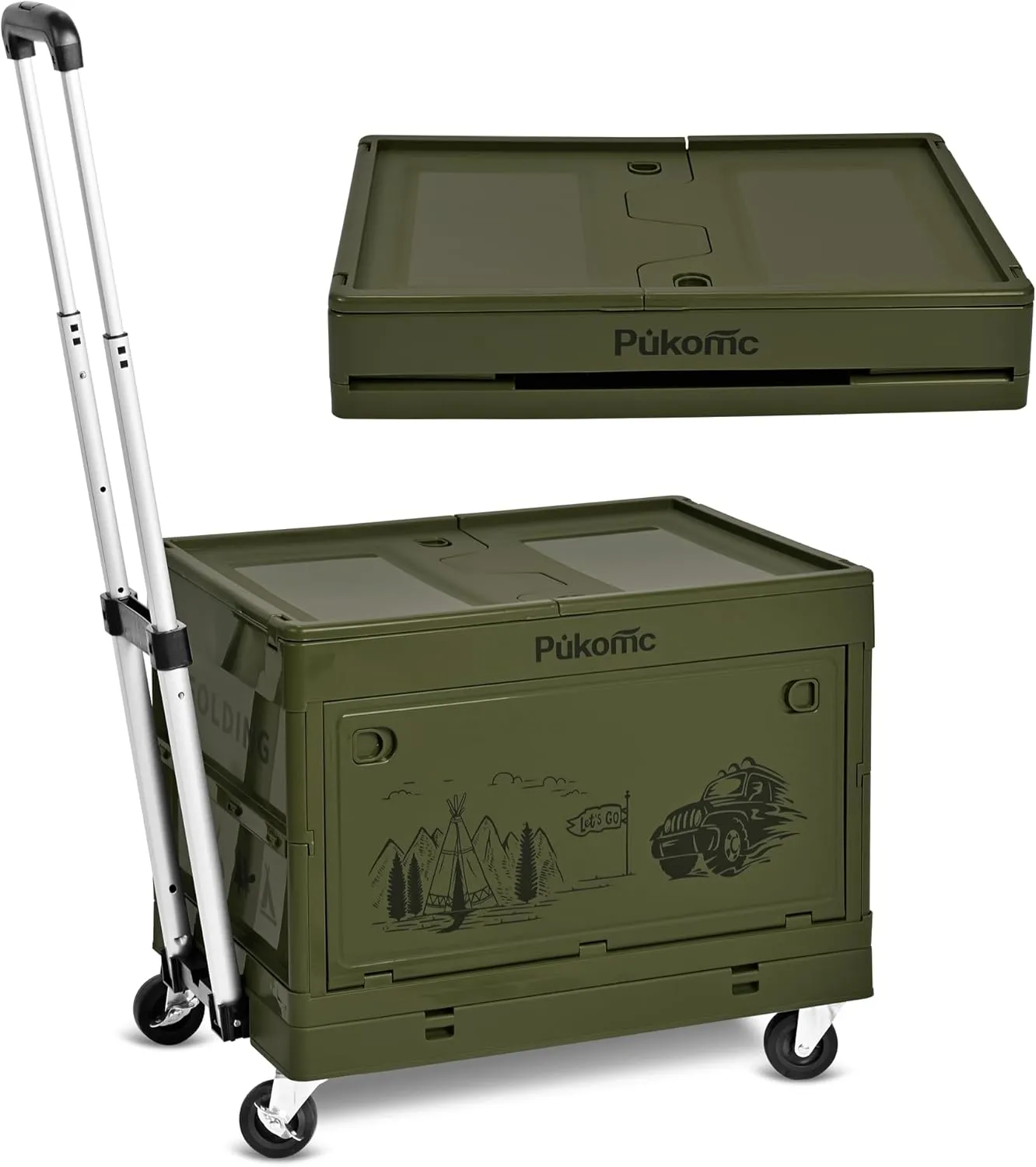 Pukomc Folding Utility Cart Portable Rolling Crate Handcart Shopping Trolley Collapsible Tool Box, with Lid, Basket on 4 Rotate Wheels,for Camping,for Grocery, Office, Luggage, Teacher (Green 50L)