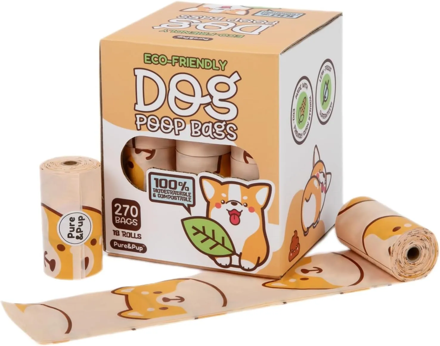 Pure & Pup 100% Certified Home Compostable Dog Poop Bags - Plant Based Corn Starch - Cute Poop Bags - 18 Dog Poop Bags Rolls - Extra Strong & Leak Proof - ASTM D6400 & EN 13432 Compliant - 270 Count