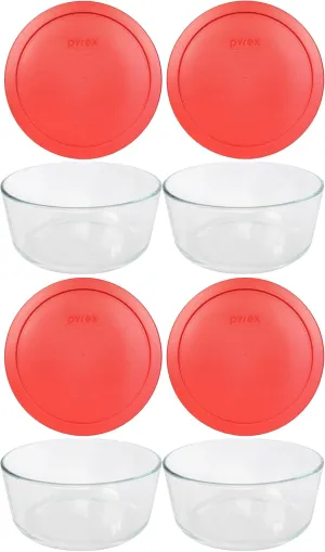 Pyrex 7 Cup Storage Capacity Plus Round Dish with Plastic Cover Sold in Packs of 4, Pack of 4, Red