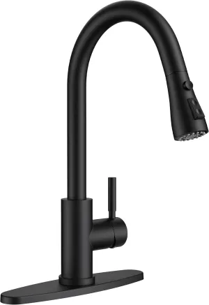 QFN Black Kitchen Faucet with Pull Down Sprayer, High Arc Single Handle Single Level Stainless Steel Pull Out Sink Faucet for Farmouse Camper RV Bar, Fit for 1 or 3 Hole