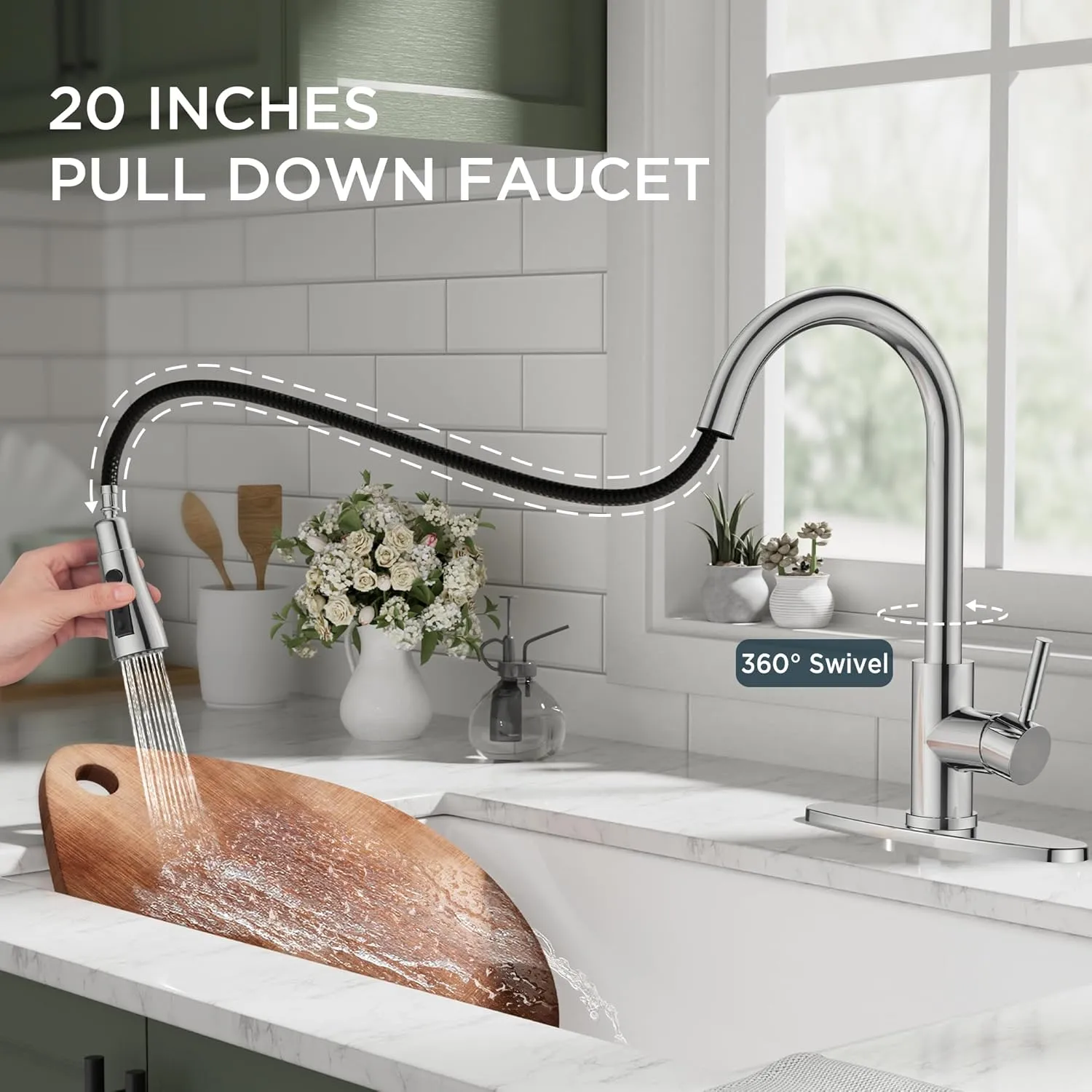 QFN Kitchen Faucet with Pull Down Sprayer Chrome, High Arc Single Handle Single Level Stainless Steel Pull Out Sink Faucet for Farmouse Camper RV Bar, Fit for 1 or 3 Hole