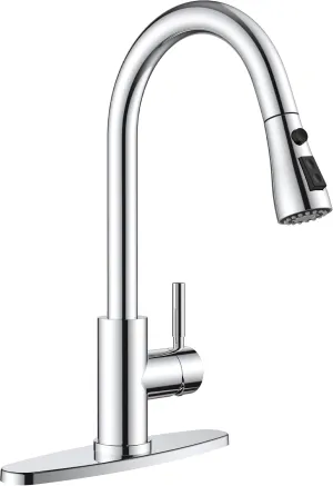 QFN Kitchen Faucet with Pull Down Sprayer Chrome, High Arc Single Handle Single Level Stainless Steel Pull Out Sink Faucet for Farmouse Camper RV Bar, Fit for 1 or 3 Hole