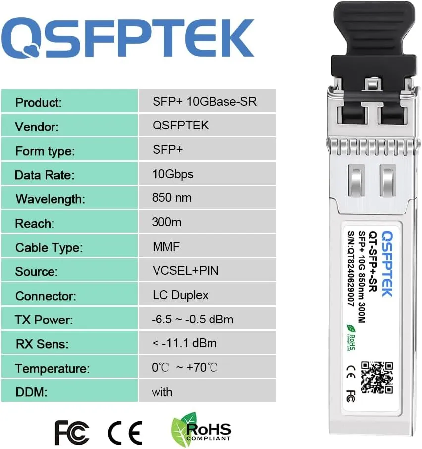 QSFPTEK 4 Packs 10GBASE-SR SFP  Module, 10G Multimode SFP 850nm LC Transceiver with 300M DDM, Compatible with Cisco SFP-10G-SR, Ubiquiti UF-MM-10G,Fortinet, Mikrotik