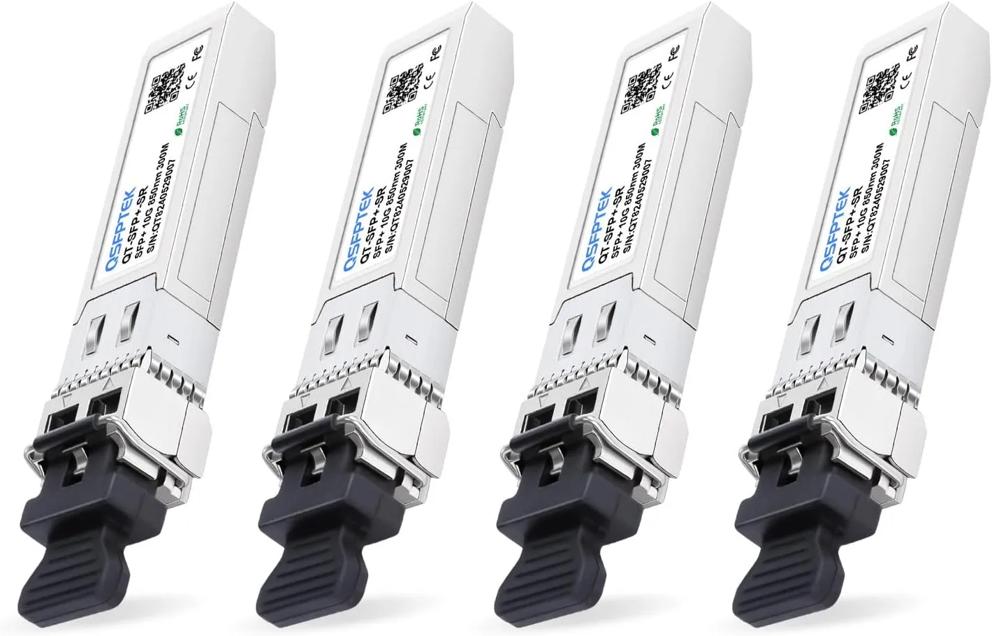 QSFPTEK 4 Packs 10GBASE-SR SFP  Module, 10G Multimode SFP 850nm LC Transceiver with 300M DDM, Compatible with Cisco SFP-10G-SR, Ubiquiti UF-MM-10G,Fortinet, Mikrotik