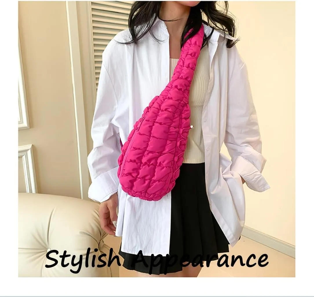 Quilted Crossbody Bag for Women, Nylon Sling Bag, Puffy Fanny Pack for Running, Traveling, Hiking, Sports (rose)
