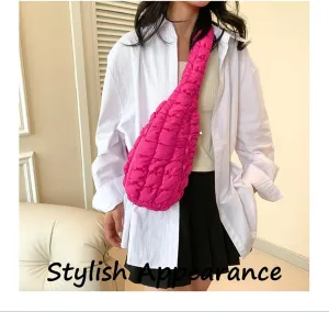 Quilted Crossbody Bag for Women, Nylon Sling Bag, Puffy Fanny Pack for Running, Traveling, Hiking, Sports (rose)