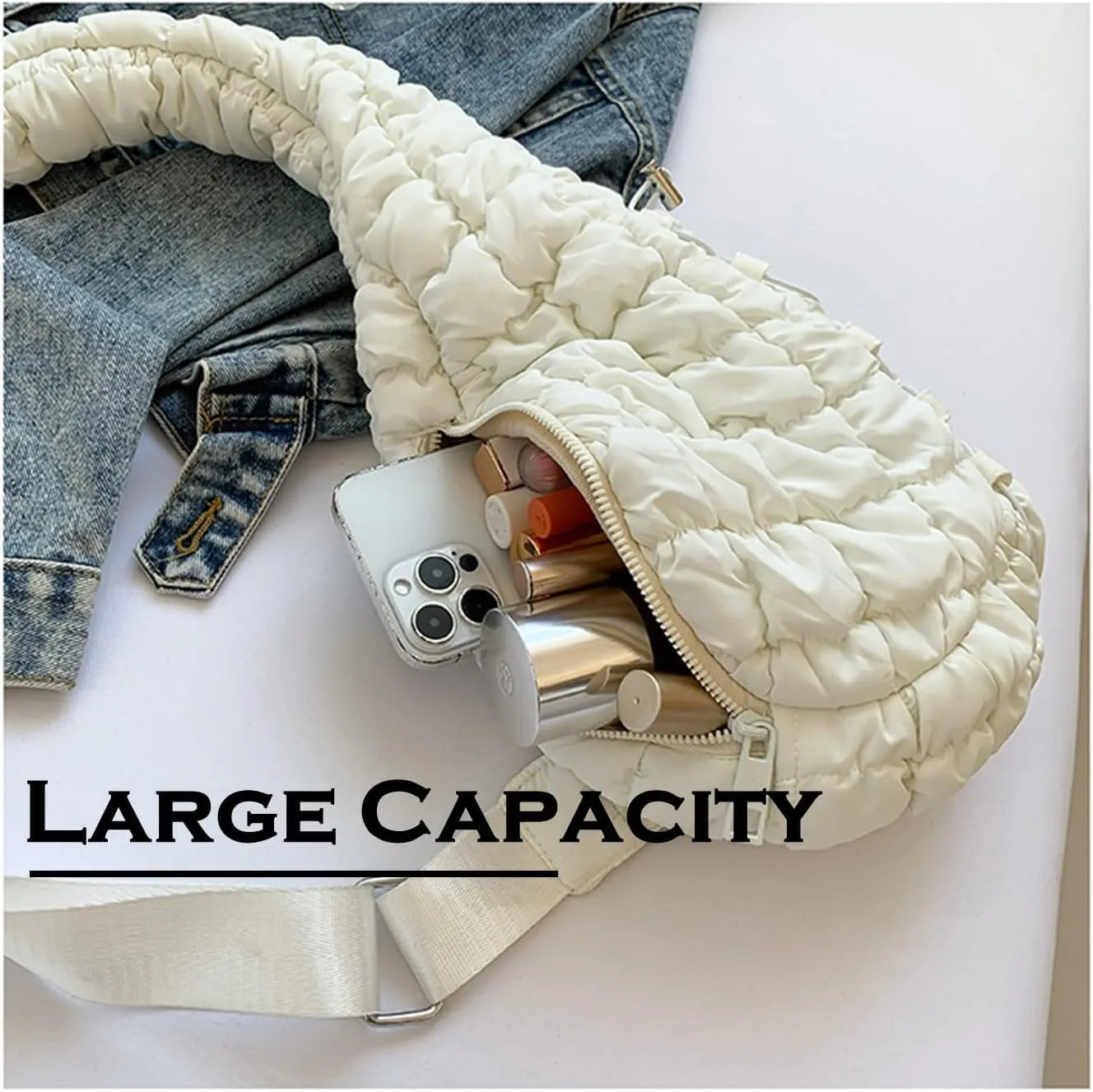 Quilted Crossbody Bag for Women, Nylon Sling Bag, Puffy Fanny Pack for Running, Traveling, Hiking, Sports (rose)