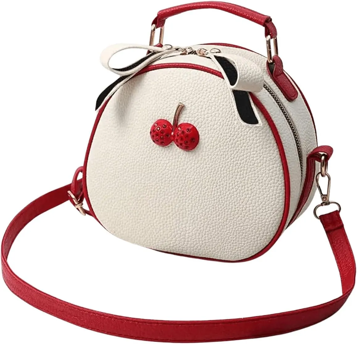 QWINEE Women's Cute Cherry Crossbody Bag Zipper Top Handle Shoulder Handbag PU Leather Mini Circle Purse