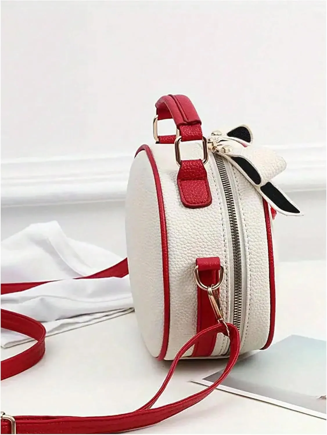 QWINEE Women's Cute Cherry Crossbody Bag Zipper Top Handle Shoulder Handbag PU Leather Mini Circle Purse