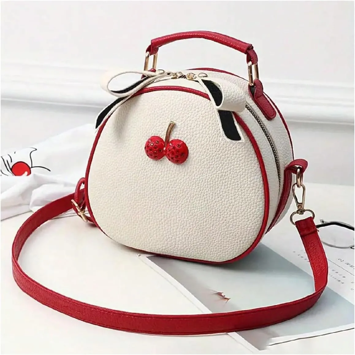 QWINEE Women's Cute Cherry Crossbody Bag Zipper Top Handle Shoulder Handbag PU Leather Mini Circle Purse