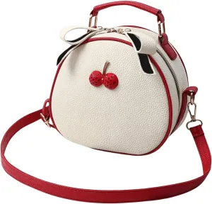 QWINEE Women's Cute Cherry Crossbody Bag Zipper Top Handle Shoulder Handbag PU Leather Mini Circle Purse