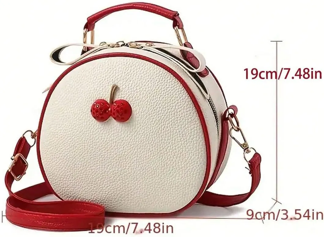 QWINEE Women's Cute Cherry Crossbody Bag Zipper Top Handle Shoulder Handbag PU Leather Mini Circle Purse