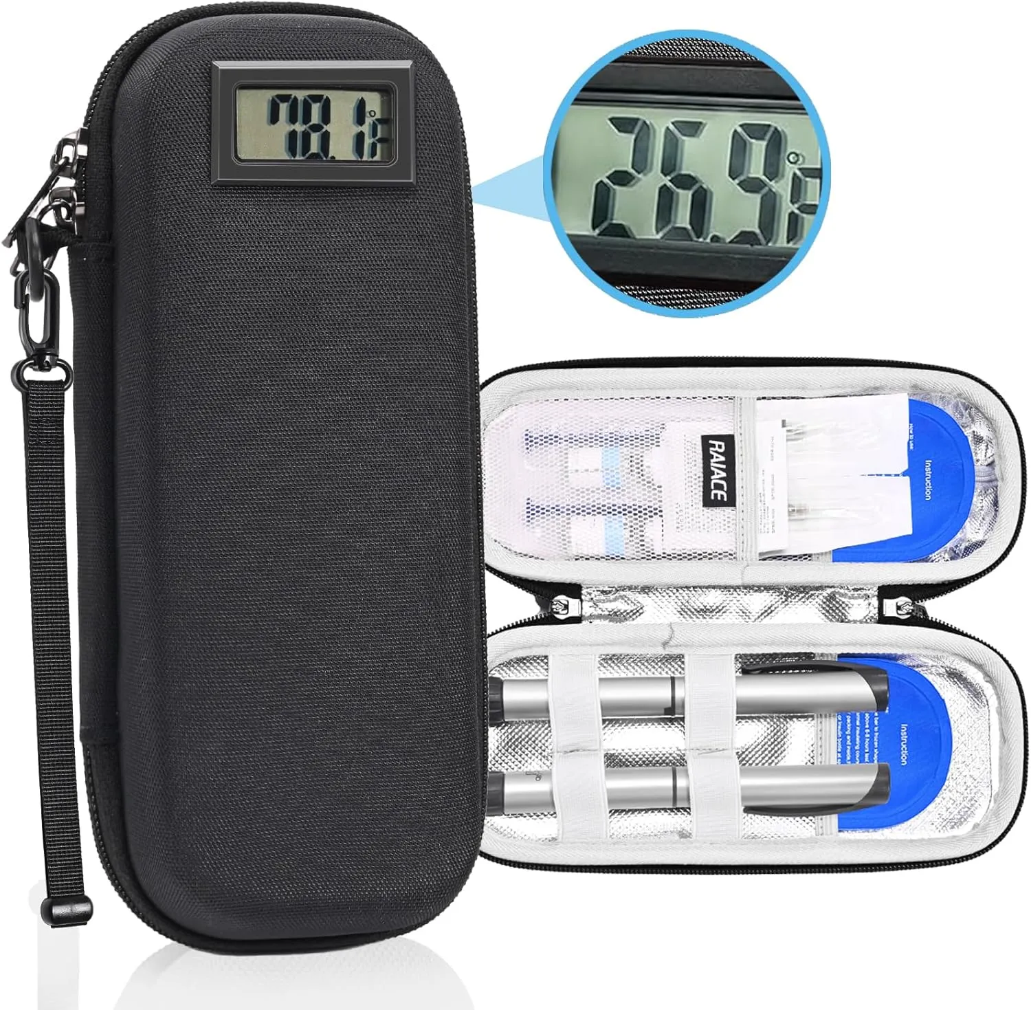 RAIACE Insulin Cooled Travel case, refrigerated Medicine Travel case with Temperature Monitor and Equipped with 2 Reusable ice Packs for Daily Life and Travel (Multi-Color)-Black