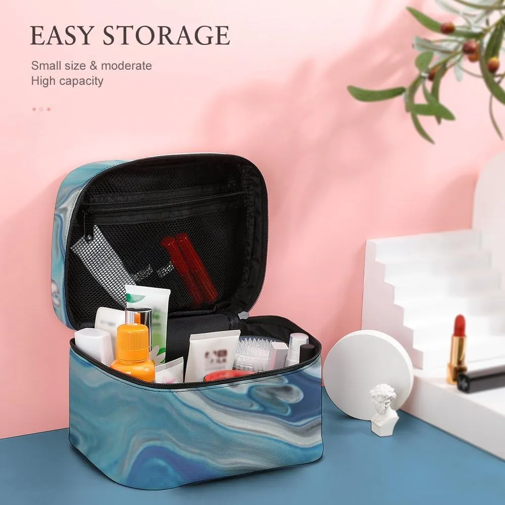 RASHU Blue Marble Texture Makeup Cosmetic Box Zipper Storage Bag Portable Toiletry Bag with Divider Tools Accessories Case Travelling Essentials Travel Organizer for Women