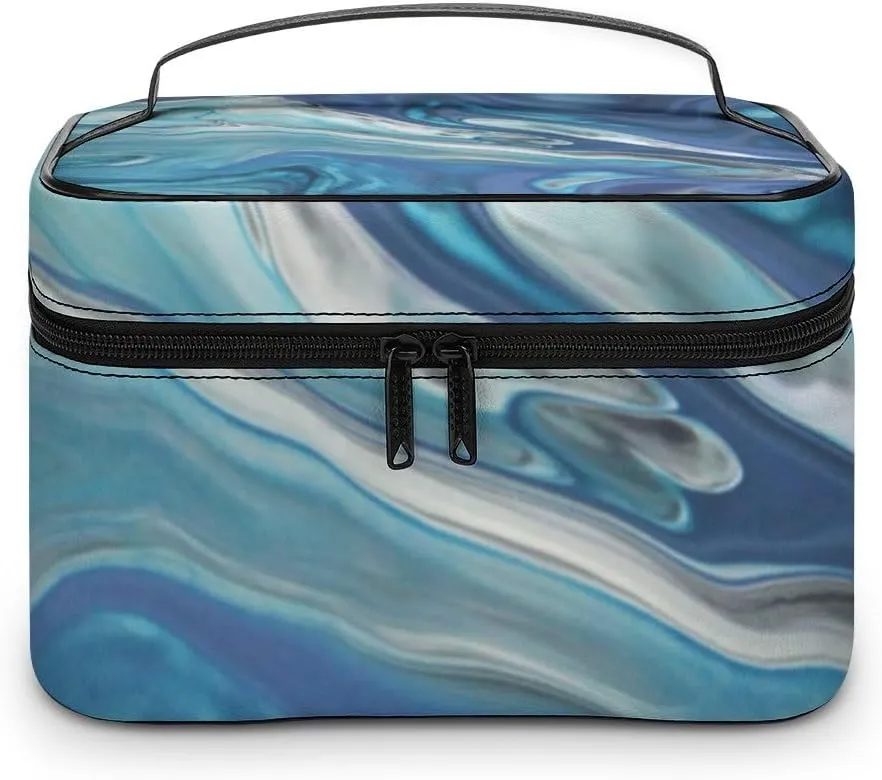 RASHU Blue Marble Texture Makeup Cosmetic Box Zipper Storage Bag Portable Toiletry Bag with Divider Tools Accessories Case Travelling Essentials Travel Organizer for Women