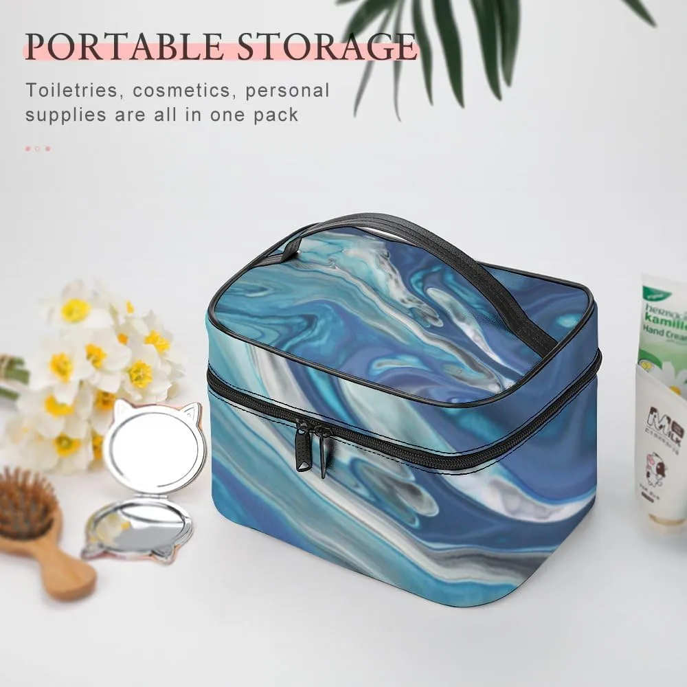 RASHU Blue Marble Texture Makeup Cosmetic Box Zipper Storage Bag Portable Toiletry Bag with Divider Tools Accessories Case Travelling Essentials Travel Organizer for Women