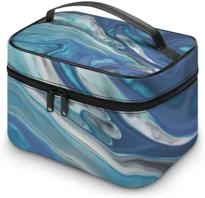 RASHU Blue Marble Texture Makeup Cosmetic Box Zipper Storage Bag Portable Toiletry Bag with Divider Tools Accessories Case Travelling Essentials Travel Organizer for Women