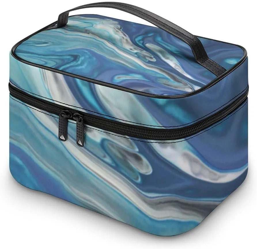 RASHU Blue Marble Texture Makeup Cosmetic Box Zipper Storage Bag Portable Toiletry Bag with Divider Tools Accessories Case Travelling Essentials Travel Organizer for Women