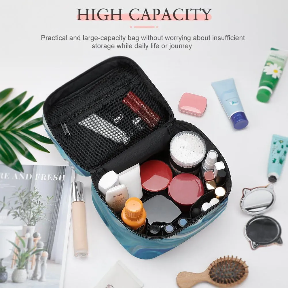 RASHU Blue Marble Texture Makeup Cosmetic Box Zipper Storage Bag Portable Toiletry Bag with Divider Tools Accessories Case Travelling Essentials Travel Organizer for Women