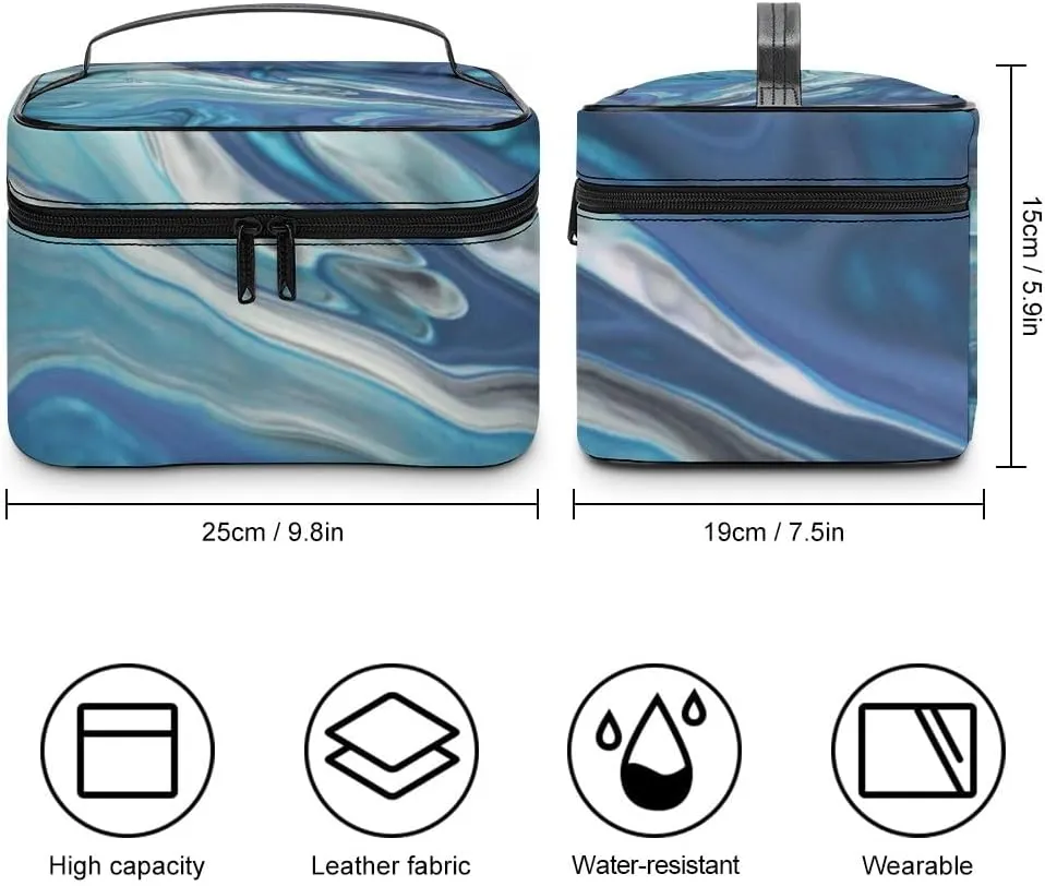 RASHU Blue Marble Texture Makeup Cosmetic Box Zipper Storage Bag Portable Toiletry Bag with Divider Tools Accessories Case Travelling Essentials Travel Organizer for Women
