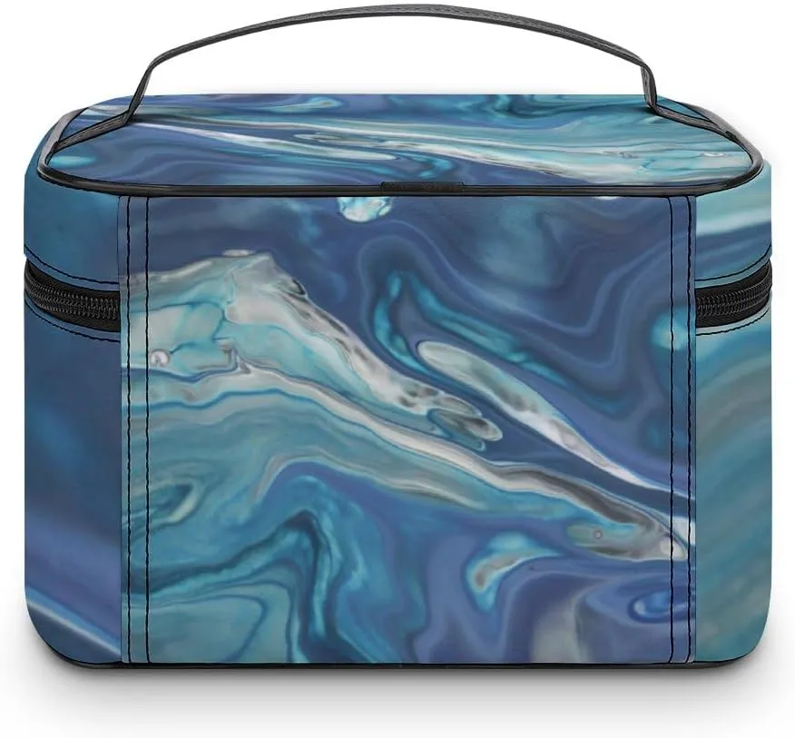 RASHU Blue Marble Texture Makeup Cosmetic Box Zipper Storage Bag Portable Toiletry Bag with Divider Tools Accessories Case Travelling Essentials Travel Organizer for Women
